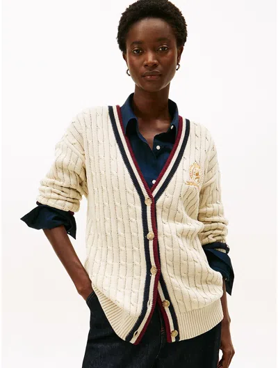 Tommy Hilfiger Cable Knit Crest Logo Varsity Cardigan In Neutral