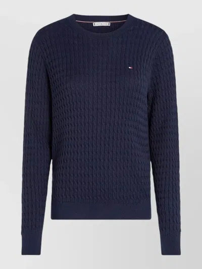 Tommy Hilfiger Cable Knit Crew Neck Cotton Sweater In Blue