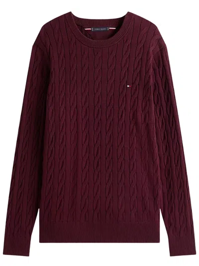 Tommy Hilfiger Cable Knit Crew Neck Sweater In Burgundy