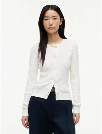 Tommy Hilfiger Cable Knit Crewneck Cardigan In White
