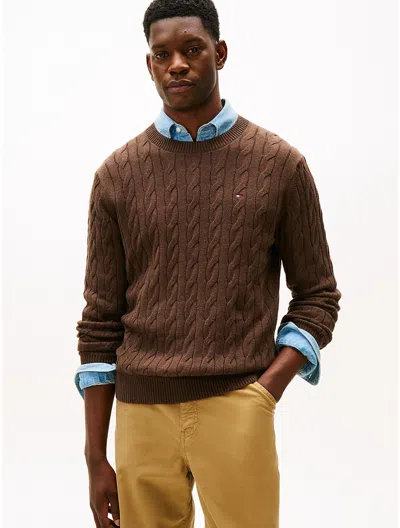 Tommy Hilfiger Cable Knit Crewneck Sweater In Brown
