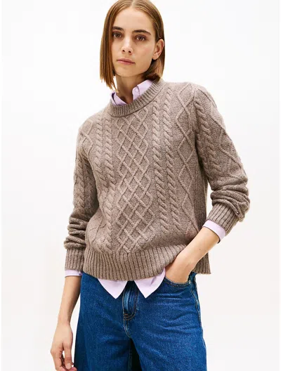 Tommy Hilfiger Cable Knit Crewneck Sweater In Brown