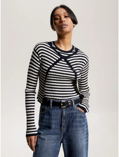 Tommy Hilfiger Cable Knit Cropped Sweater In Ancient White/navy