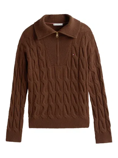 Tommy Hilfiger Cable-knit Half-zip Knitwear In Brown
