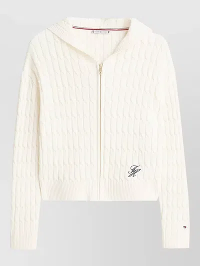 Tommy Hilfiger Cable Knit Hooded Zip Cardigan Long Sleeves In Pink