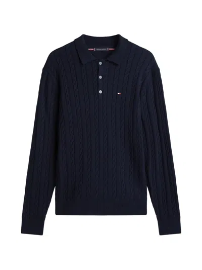 Tommy Hilfiger Cable Knit Long Sleeve Polo Shirt In Blue
