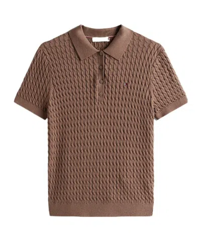 Tommy Hilfiger Cable Knit Polo Short Sleeve Jumper In Brown