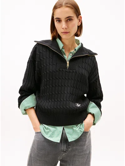 Tommy Hilfiger Cable Knit Quarter In Black
