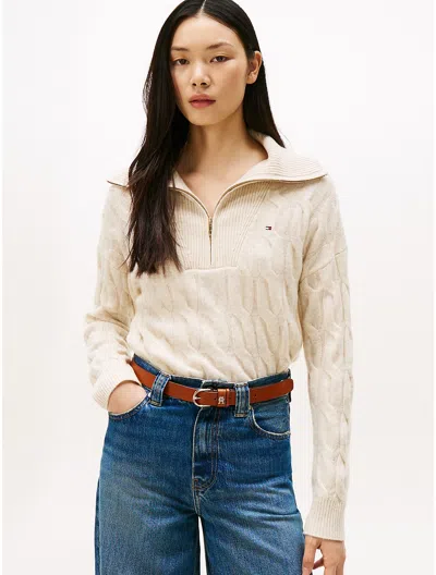 Tommy Hilfiger Cable Knit Quarter In Neutral
