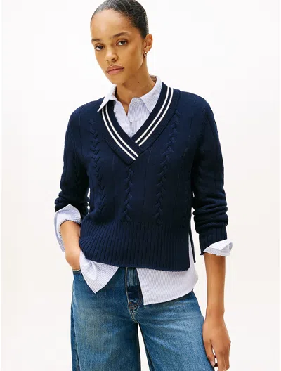 Tommy Hilfiger Cable Knit V In Blue