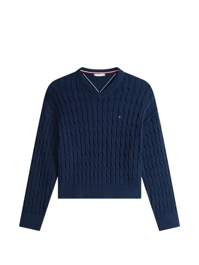 Tommy Hilfiger Cable Knit V Neck Pullover Sweater In Blue