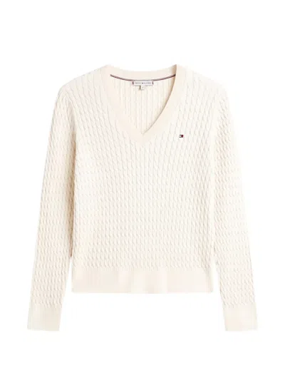 Tommy Hilfiger Cable Knit V-neck Sweater In Neutral