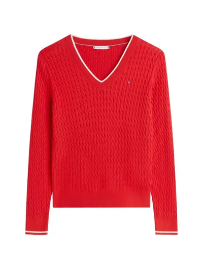 Tommy Hilfiger Cable Knit V-neck Sweater In Red