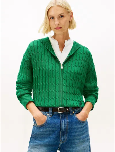 Tommy Hilfiger Cable Knit Zip Hoodie Sweater In Green