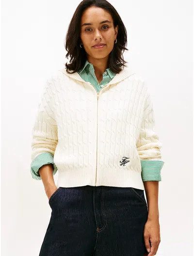 Tommy Hilfiger Cable Knit Zip Hoodie Sweater In White