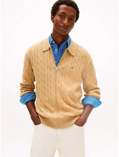 Tommy Hilfiger Cable Knit Zip Polo Cardigan In Brown