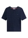 Tommy Hilfiger Short Sleeve Cable Knit Crew Top In Blue