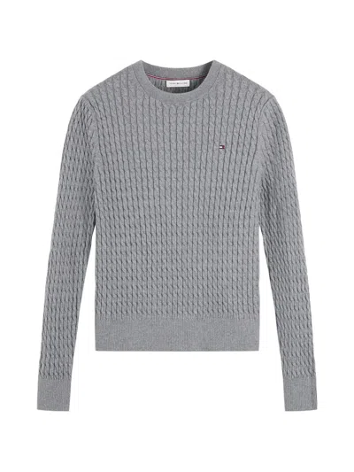 Tommy Hilfiger Cable-knit Logo-patch Sweater In Gray