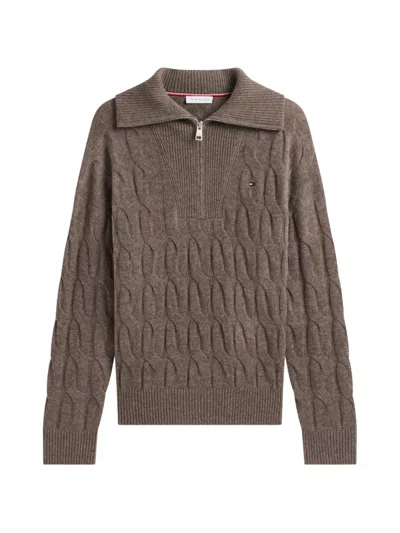 Tommy Hilfiger Cable-knit Quarter-zip Sweater In Brown
