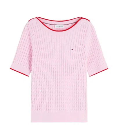 Tommy Hilfiger Cable-knit Short-sleeve Sweater In Pink
