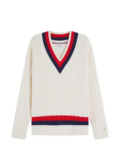 Tommy Hilfiger Cable-knit Striped-trim Sweater In White