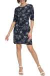 Tommy Hilfiger Camilla Floral Ruched Sleeve Jersey Shift Dress In Sky Captain/ivory