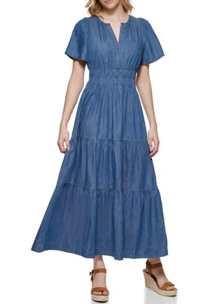Tommy Hilfiger Chambray Short Sleeve Maxi Dress In Med Benson