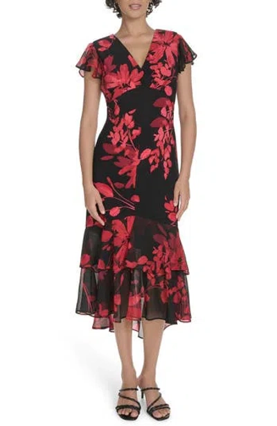 Tommy Hilfiger Chiffon Flutter Sleeve Midi Dress In Black