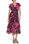 Tommy Hilfiger Chiffon Flutter Sleeve Midi Dress In Brown