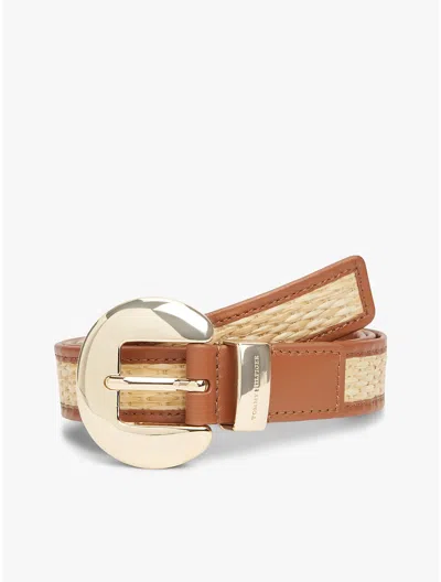 Tommy Hilfiger Circle Buckle Leather & Raffia Belt In Brown