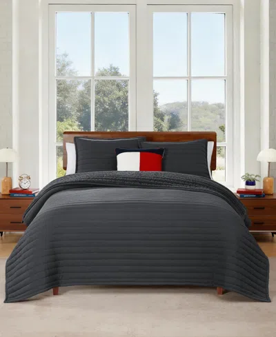 Tommy Hilfiger Classic Comfort Washed Microfiber 3-piece Quilt Set, King In Black