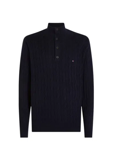 Tommy Hilfiger Classic Cotton Cable Sweater Bttn Mock In Blu