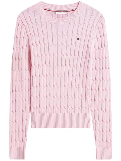 Tommy Hilfiger Cable Knit Crew Neck Long Sleeve Sweater In Pink