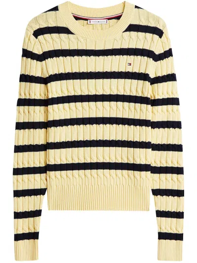 Tommy Hilfiger Cable Crew Neck Striped Knit Sweater In Neutral