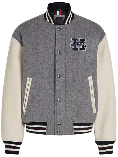 Tommy Hilfiger Leather Varsity Jacket In Grey