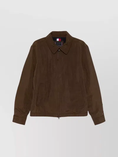 Tommy Hilfiger Collared Zippered Jacket Buttoned Cuffs In Brown