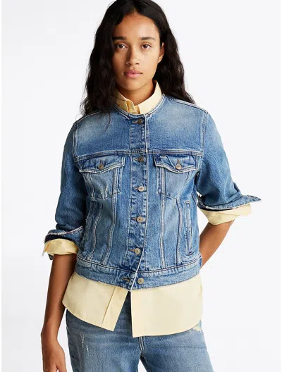 Tommy Hilfiger Collarless Denim Jacket In Medium Wash Denim