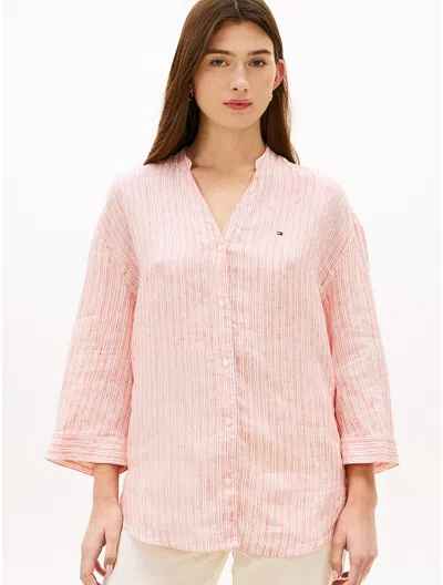 Tommy Hilfiger Collarless Linen Pullover Shirt In Pink