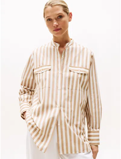 Tommy Hilfiger Collarless Poplin Shirt In Brown