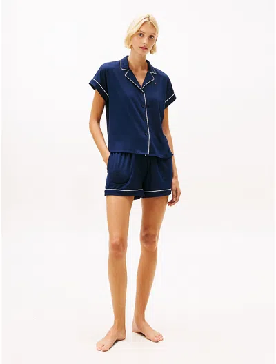 Tommy Hilfiger Contrast Trim Shirt & Short Sleep Set In Blue