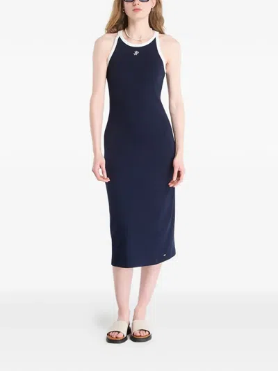 Tommy Hilfiger Contrast-trim Logo-embroidered Cotton Midi Dress In Blue