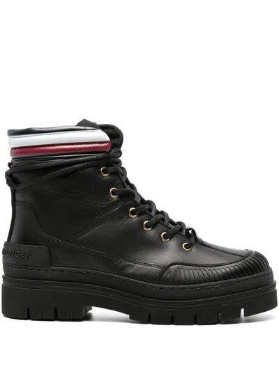 Tommy Hilfiger Corporate Leather Ankle Boots In Black