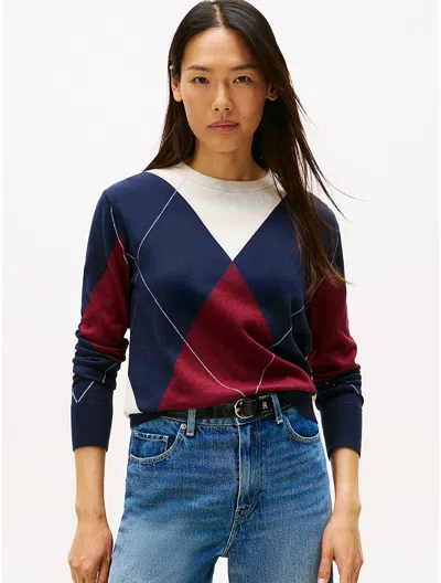 Tommy Hilfiger Cotton Argyle Crewneck Sweater In Blue