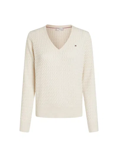 Tommy Hilfiger Cotton Cable V-neck Sweater In Neutral