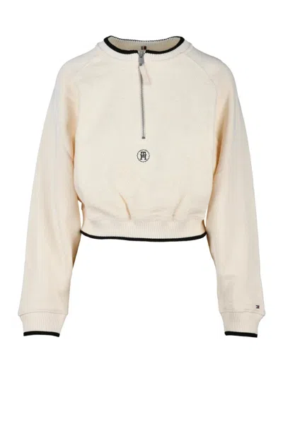Tommy Hilfiger Cream Cotton Cropped Sweatshirt In Silver
