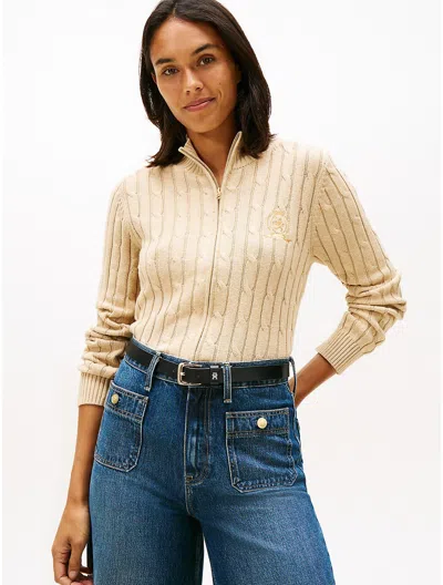 Tommy Hilfiger Crest Logo Cable Knit Zip Cardigan In Neutral