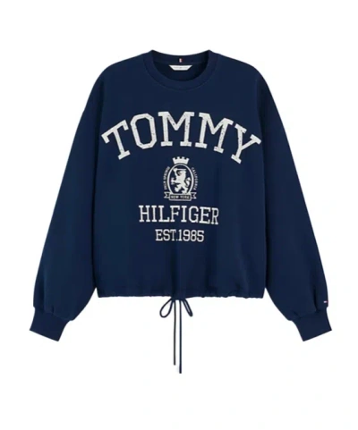 Tommy Hilfiger Crest Logo Drawstring Hem Relaxed Sweatshirt In Blue