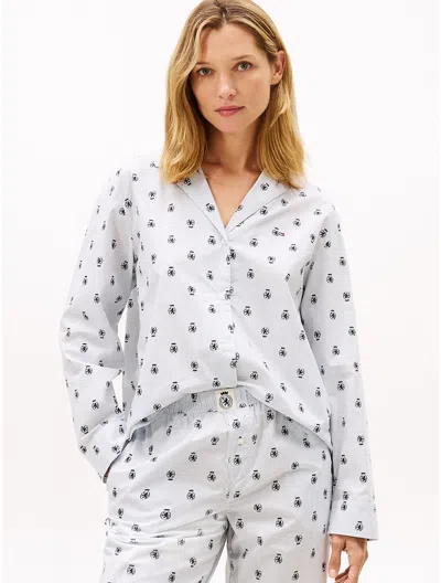 Tommy Hilfiger Crest Logo Pinstripe Poplin Sleep Shirt In White