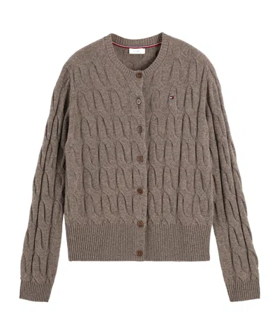 Tommy Hilfiger Crew Neck Cableknit Cardigan In Brown