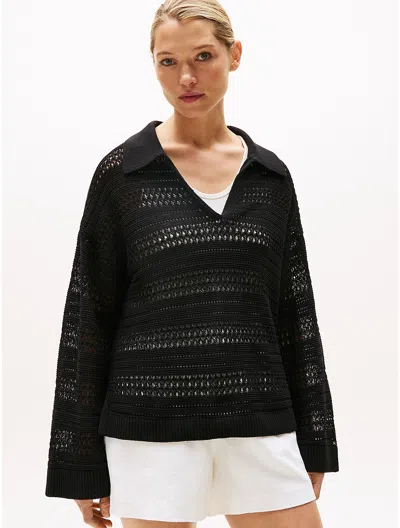 Tommy Hilfiger Crochet Polo Sweater In Black